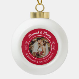Verheiratet & Merry Wedding Foto Modernes Rotes Keramik Kugel-Ornament