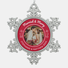 Verheiratet & Merry Wedding Foto Modernes Rotes Schneeflocken Zinn-Ornament