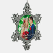 Verheiratet & Merry Wedding Foto Weihnachten W Schneeflocken Zinn-Ornament (Links)