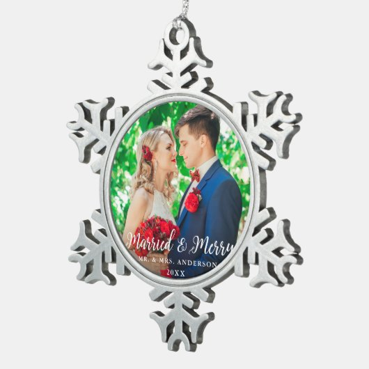 Verheiratet & Merry Wedding Foto Weihnachten W Schneeflocken Zinn-Ornament (Rechts)