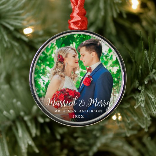 Verheiratet & Merry Wedding Foto Weihnachtsrunde W Ornament Aus Metall (Baum)