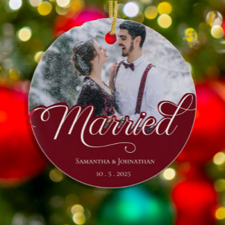 Verheiratet | Modernes Weihnachtskaffee-Foto Keramik Ornament