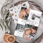 Verheiratet und froh Modernes 4 Foto neu Feiertagskarte<br><div class="desc">Die atemberaubende neue Verheiratete und Merry Modern 4 Foto Newlywed Holiday Card: Ein modernes Design mit eleganter Typografie und vier hochgeschätzten Fotos in Schwarz und Weiß. Die minimalistische Front wird durch ein warmes, festliches botanisches Wassermuster auf der Rückseite ergänzt, das Kieferngrün, Eukalyptus, Kiefernzapfen, Zimt und Beeren zeigt. Ideal, um Ihre...</div>