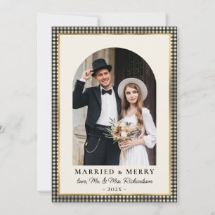 Verheiratet und Fröhlich Bogen Foto Schwarz Gold K Feiertagskarte