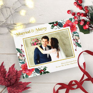 Verheiratet und fröhlich rote florale Weihnachtsfo Postkarte
