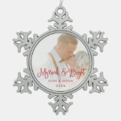 Verheiratet und hell | Hochzeitsstift Foto Schneeflocken Zinn-Ornament (Vorderseite)