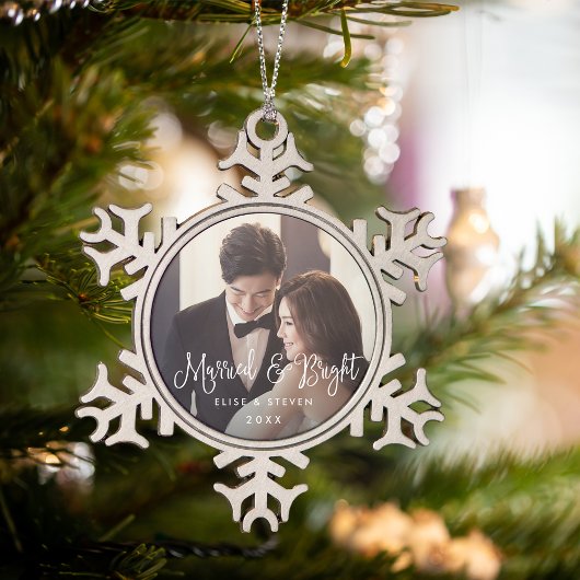 Verheiratet und hell | Hochzeitsstift Foto Schneeflocken Zinn-Ornament