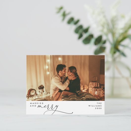 Verheiratet und hell Modernes Foto Holiday Postkarte (Stehend Vorderseite)