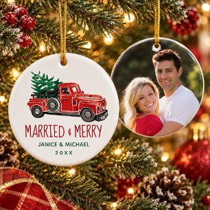 Verheiratete Fröhliche Vintage-Rot-LKW-Foto-Weihna Keramik Ornament