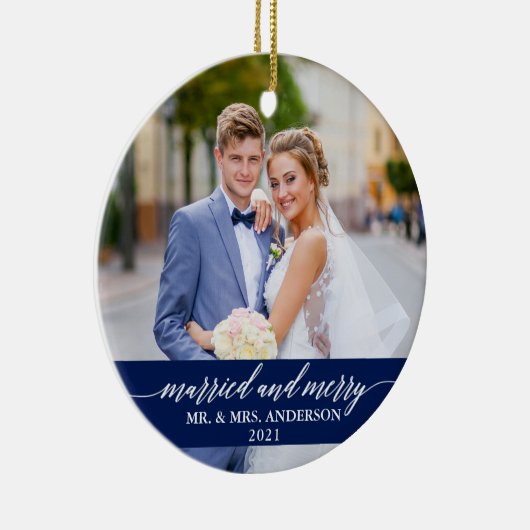 Verheiratete und fröhliche Calligrafie Wedding Blu Keramik Ornament (Rechts)