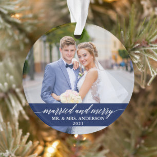 Verheiratete und fröhliche Calligrafie Wedding Blu Ornament