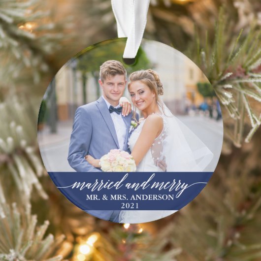 Verheiratete und fröhliche Calligrafie Wedding Blu Ornament (Baum)