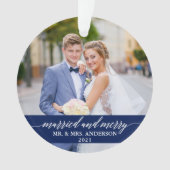Verheiratete und fröhliche Calligrafie Wedding Blu Ornament (Vorderseite)