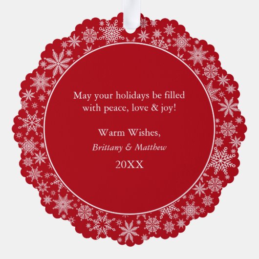 Verheiratete und fröhliche Hochzeit Foto Schneeflo Ornament Karte (Rückseite)