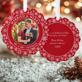 Verheiratete und fröhliche Hochzeit Foto Schneeflo Ornament Karte