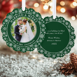 Verheiratete und fröhliche Hochzeit Foto Schneeflo Ornament Karte