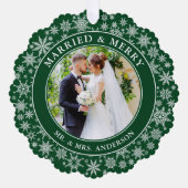 Verheiratete und fröhliche Hochzeit Foto Schneeflo Ornament Karte (Vorderseite)