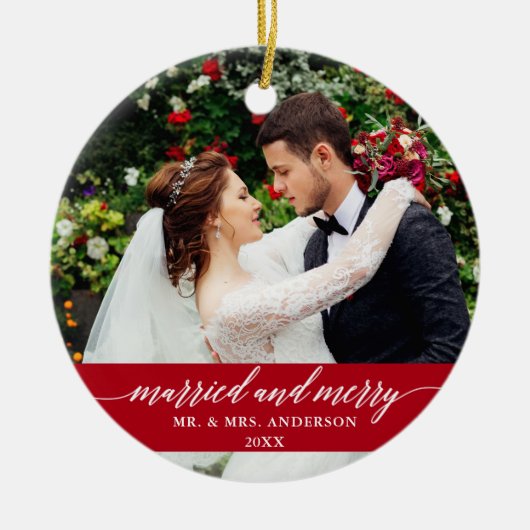 Verheiratete und fröhliche Hochzeitskalligrafie Ro Keramik Ornament (Vorne)