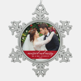 Verheiratete und fröhliche Hochzeitskalligrafie Ro Schneeflocken Zinn-Ornament