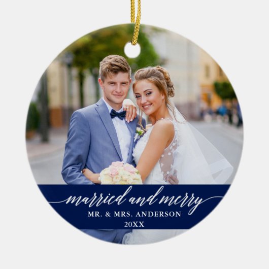 Verheiratete und fröhliche Hochzeitskalligraphie B Keramik Ornament (Vorne)