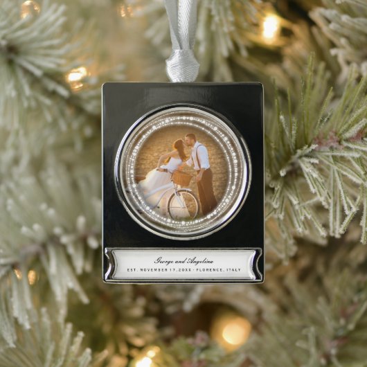 Verheiratete und helle Glitzern Foto Banner-Ornament Silber (Baum)