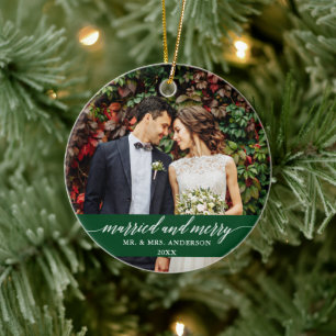 Verheiratete und Merry Wedding Calligraphy Green Keramik Ornament