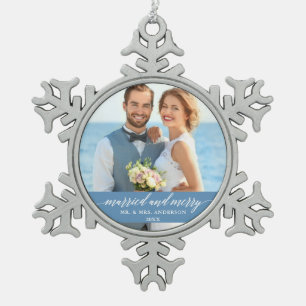 Verheiratete und Merry Wedding Calligraphy Light B Schneeflocken Zinn-Ornament