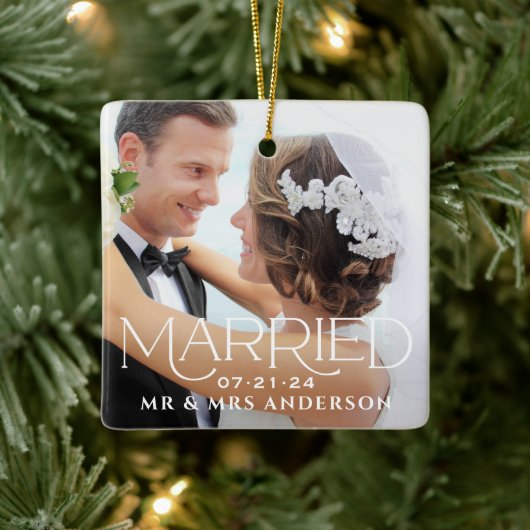 Verheiratete Weihnachts Custom Wedding Foto Monogr Keramikornament (Baum)