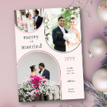 Verheirateter moderner Bogen Neuvermählt 3 Foto Feiertagskarte<br><div class="desc">Für Ihre ersten Weihnachten als verheiratetes Ehepaar zeigt diese moderne, schlichte Urlaubsfotokarte 3 Ihrer Lieblings-Hochzeitsfotos oder Weihnachtsfotos. Ihre Fotos werden in einem Trio von bogenförmigen Rahmen dargestellt und das Design ist mit "fröhlich und verheiratet" versehen. Sie können ganz einfach die Farbe ändern und auch Ihren personalisierten Text wie das Jahr,...</div>
