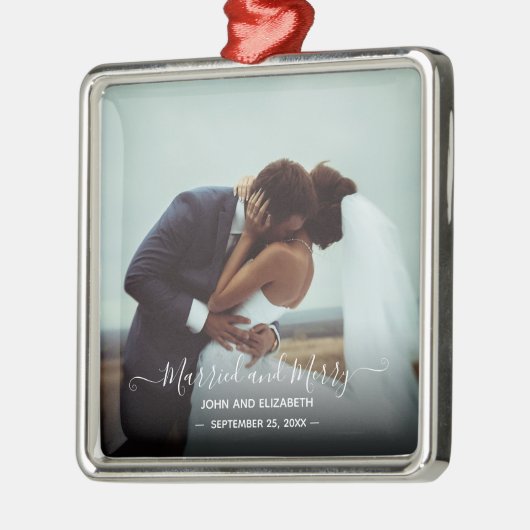 Verheiratetes Merry Newlywed Foto Signature Script Ornament Aus Metall (Links)