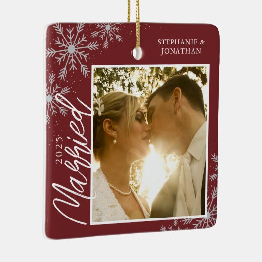 Verheiratetes Red Snowflakes Foto Keramikornament (Rechts)