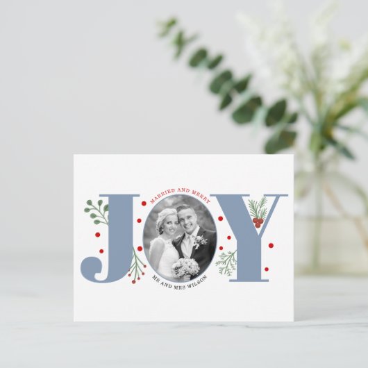 Verheiratetes und fröhlich dusty blue JOY Christma Postkarte (Stehend Vorderseite)