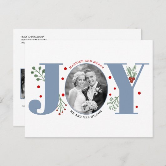 Verheiratetes und fröhlich dusty blue JOY Christma Postkarte (Vorne/Hinten)