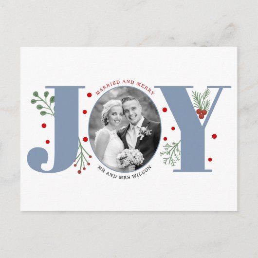 Verheiratetes und fröhlich dusty blue JOY Christma Postkarte (Vorderseite)