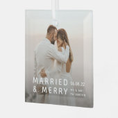 Verheiratetes und fröhliches Foto, Namen und Datum Ornament Aus Glas (Vorderseite links)