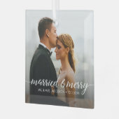 Verheiratetes und fröhliches Hochzeitsfest Foto Ornament Aus Glas (Vorderseite links)