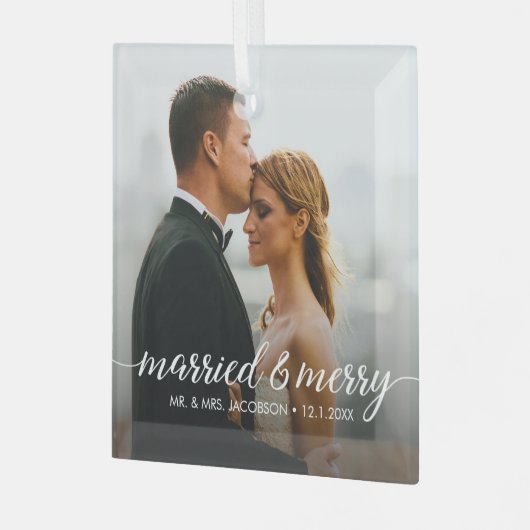 Verheiratetes und fröhliches Hochzeitsfest Foto Ornament Aus Glas (Vorderseite links)