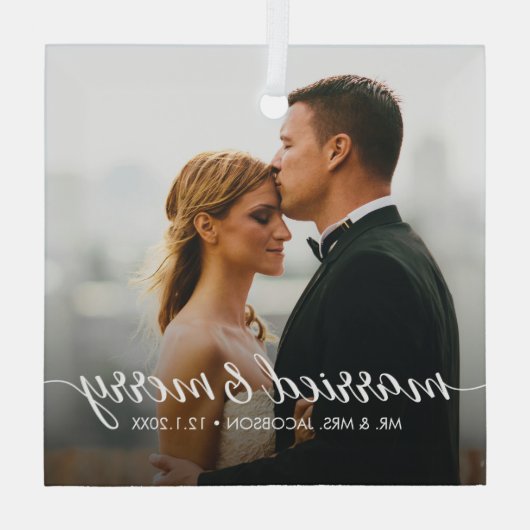 Verheiratetes und fröhliches Hochzeitsfest Foto Ornament Aus Glas (Rückseite)