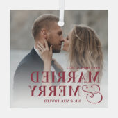 Verheiratetes und fröhliches HochzeitsFoto neu ver Ornament Aus Glas (Rückseite)