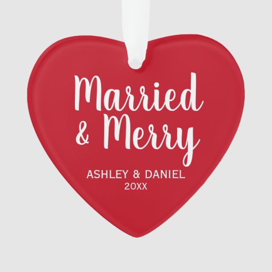 Verheiratetes und fröhliches Holiday Rotes Herz Ornament (Vorderseite)