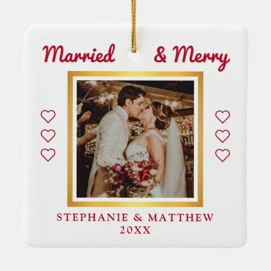 Verheiratetes und lustiges Hochzeitsfest Foto Mode Keramikornament (Rückseite)