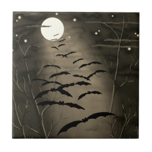 Verhexte Stunde Vollmond Fledermäuse Vintage Hallo Fliese