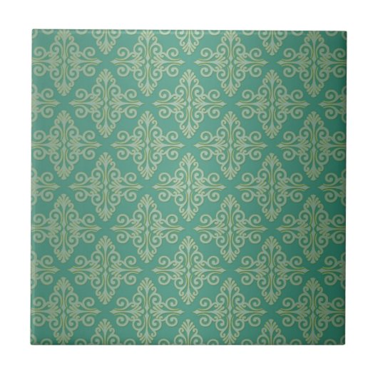 Veridian Green Damask Muster Fliese (Vorderseite)