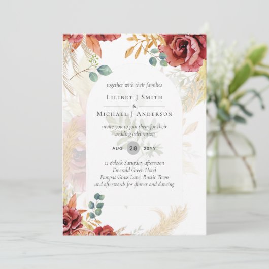 VERKAUF! Boho Burgundy Gold Floral Country Stallfa Einladung (Stehend Vorderseite)