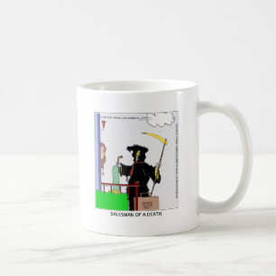 Verkäufer von lustigen Geschenkkarten, T-Shirts un Kaffeetasse