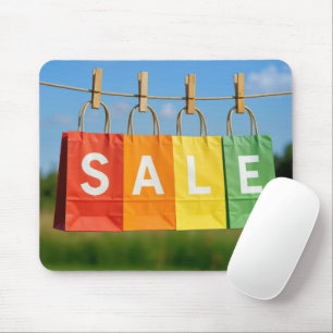 Verkaufs-Einkaufstüten an einer Wäscheleine Mousepad