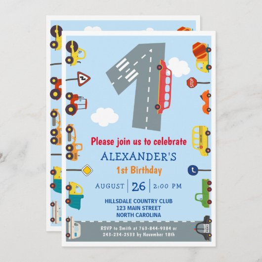 Verkehr 1. Geburtstag Autos Party Einladung (Vorne/Hinten)