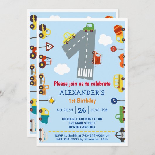 Verkehr 1. Geburtstag Party Einladung (Vorne/Hinten)