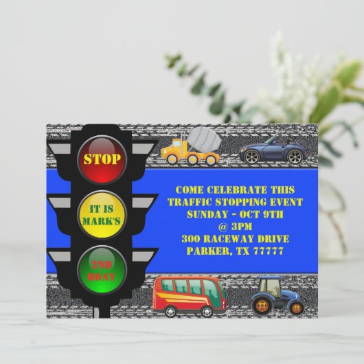 Verkehrs-Rennwagen-Kipper-Bus-Traktor laden ein Einladung (Stehend Vorderseite)