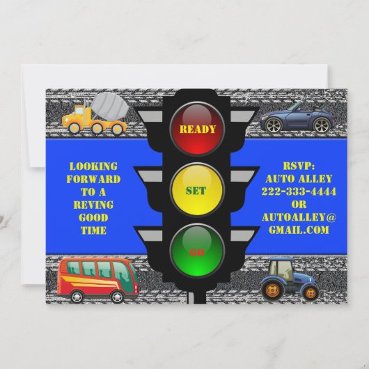 Verkehrs-Rennwagen-Kipper-Bus-Traktor laden ein Einladung (Rückseite)